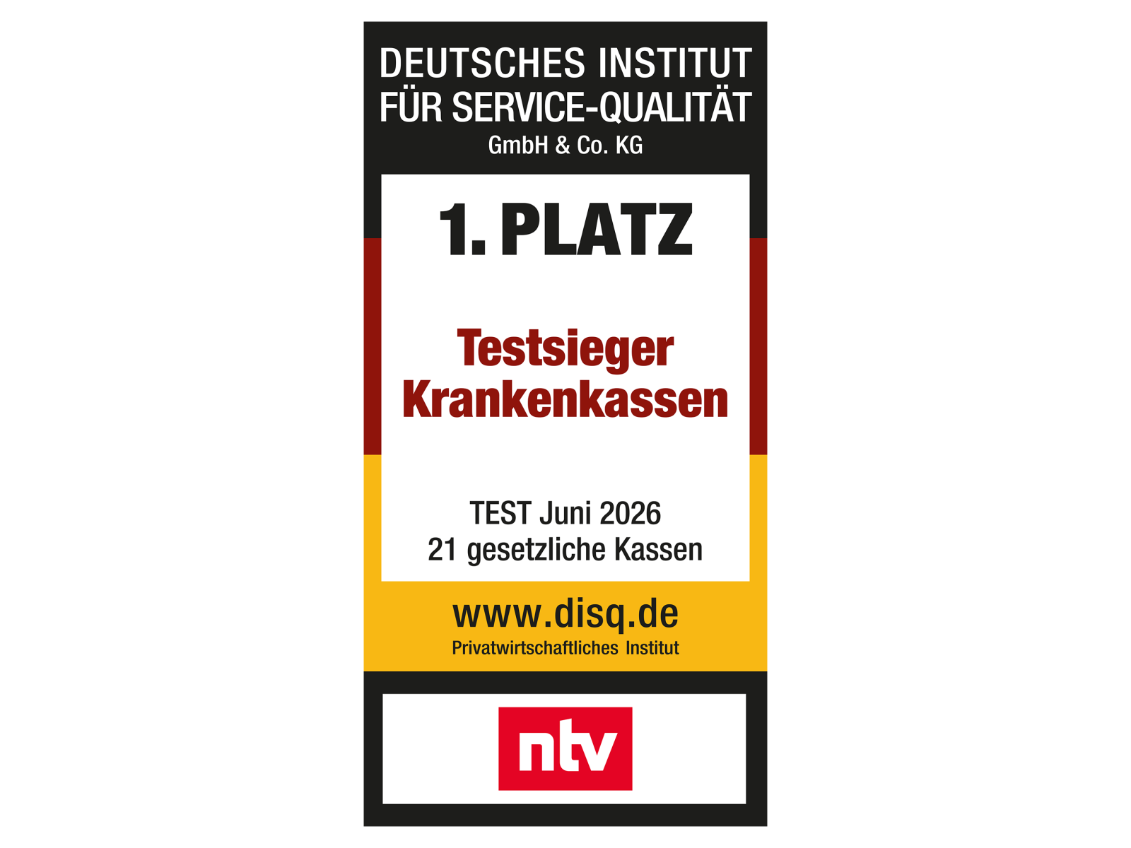 Deutsches Institut für Service-Qualität: 1. Platz Testsieger Krankenkassen 2026